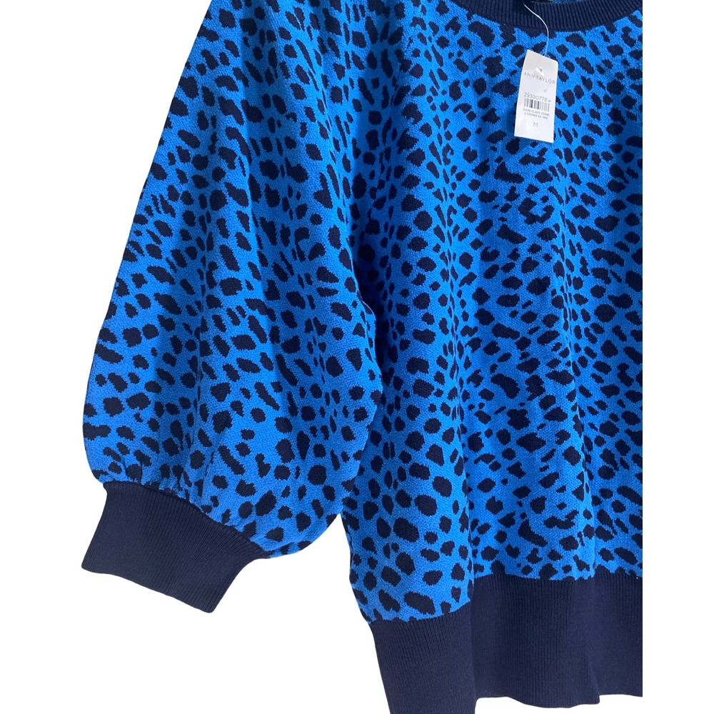 Ann Taylor Blue Leopard Print 3/4 Puff Sleeve Sweater Medium NWT 533966 - Picture 4 of 7